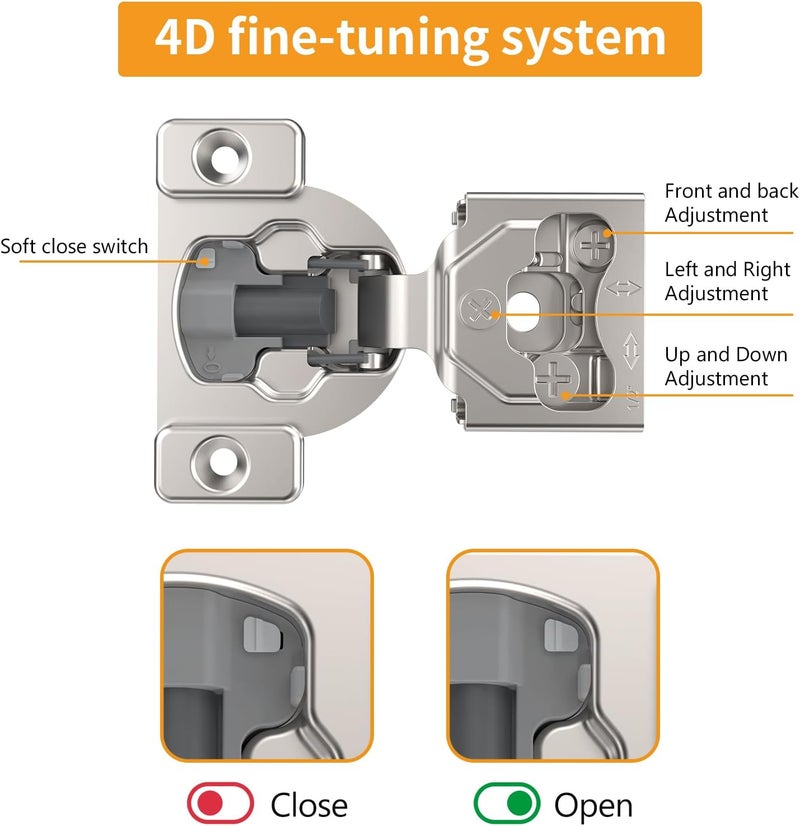 Chibery 10 Pack 7/16" Overlay 4D Concealed Hinges for Face Frame Door, Soft Close On/Off Switch, Self Closing, 105° Open Angle Concealed Stainless Steel Hinges for Framed Cabinet, Satin Nickel - Image 2